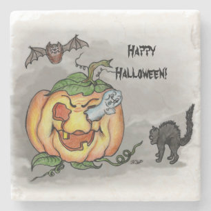 Ghost, Bat and Cat, Happy Halloween! Stone Coaster
