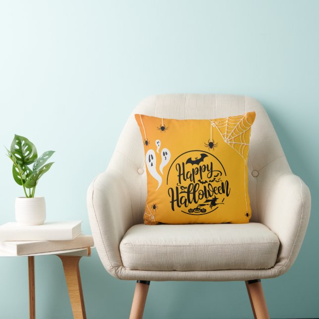 GHOST BAT SPIDER WEB ILLUSTRATION HALLOWEEN CUSHION (Chair)