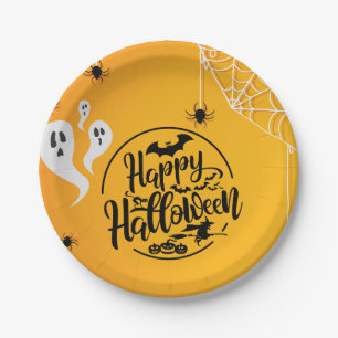 GHOST BAT SPIDER WEB ILLUSTRATION HALLOWEEN PAPER PLATE