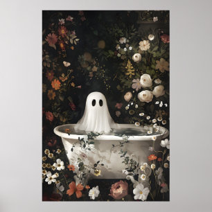Ghost Bathtub Floral Portrait, Dark Academia Poster