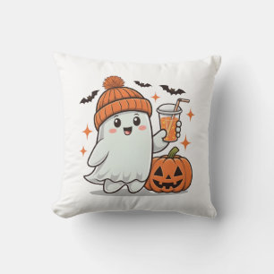 Ghost, Bats, Pumpkin And Drink, Cute Halloween Cushion