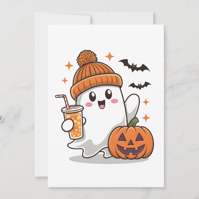 Ghost, Bats, Pumpkin And Drink, Cute Halloween Holiday Card (Front)