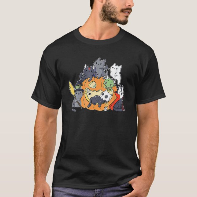 Ghost Black Cat Boo Y All Pumpkin Halloween Leopar T-Shirt (Front)
