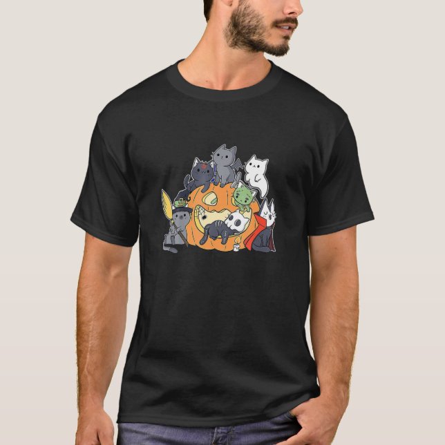 Ghost Black Cat Boo Y All Pumpkin Halloween Leopar T-Shirt (Front)