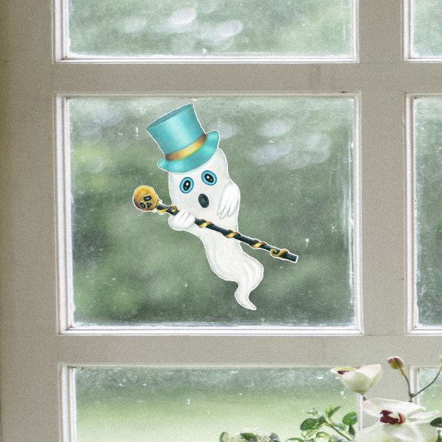 Ghost Blue Eyes Top Hat Ornate Cane Gold Skull (Cute blue eyed ghost wearing top hat holding black cane with gold skull on Halloween window cling.)