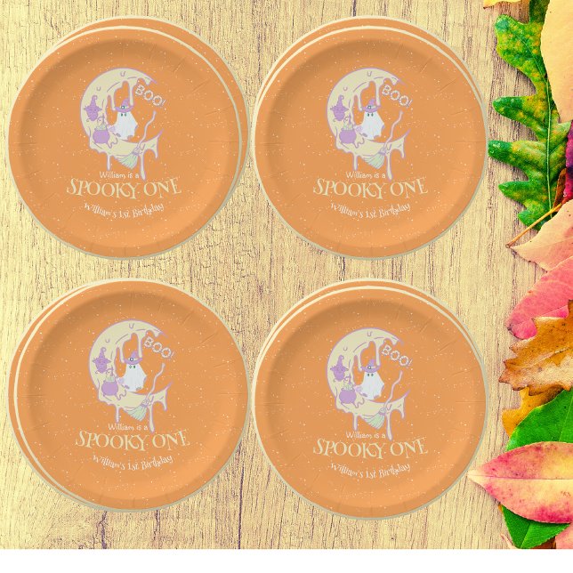 Ghost Boo Moon Spooky One Boy Halloween Birthday Paper Plate (Creator Uploaded)