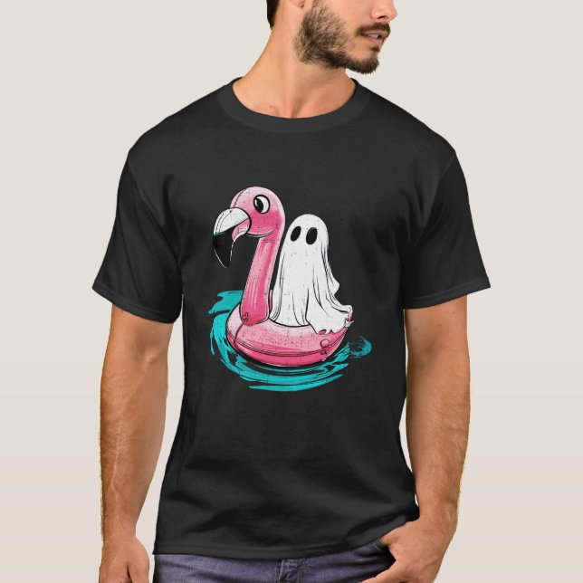 Ghost Boo On Flamingo Float Funny Halloween Summer T-Shirt (Front)