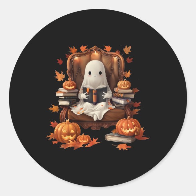 Ghost Book Reading Pumpkin Gothic Halloween Teache Classic Round Sticker (Front)