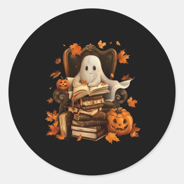 Ghost Book Reading Pumpkin Gothic Halloween Teache Classic Round Sticker (Front)