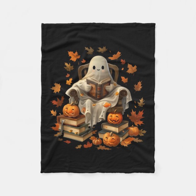 Ghost Book Reading Pumpkin Gothic Halloween Teache Fleece Blanket (Front)