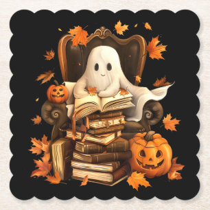 Ghost Book Reading Pumpkin Halloween Teachers Paper Coaster