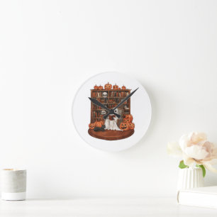 Ghost Book Reading Teacher Halloween Librarian Round Clock