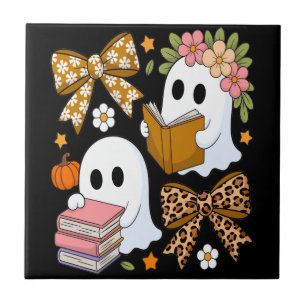 Ghost Books Halloween Floral Fall Halloween Ceramic Tile