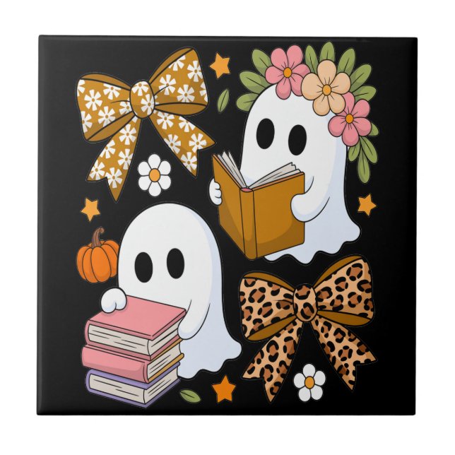 Ghost Books Halloween Floral Fall Halloween Ceramic Tile (Front)