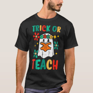 Ghost Books Trick Or Teach Retro Groovy Halloween  T-Shirt