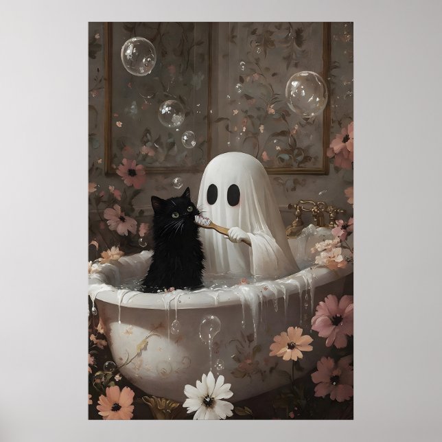 Ghost Brushing Black Cat's Teeth Bathtub Print (Front)