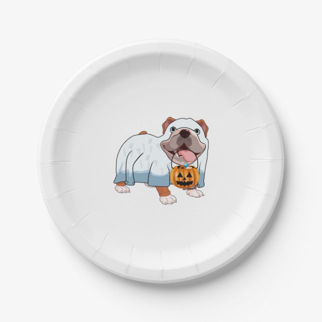 Ghost Bulldog Halloween Dog Paper Plate (Front)