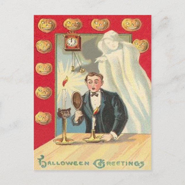 Ghost Candle Man Clock Jack O' Lantern Postcard (Front)