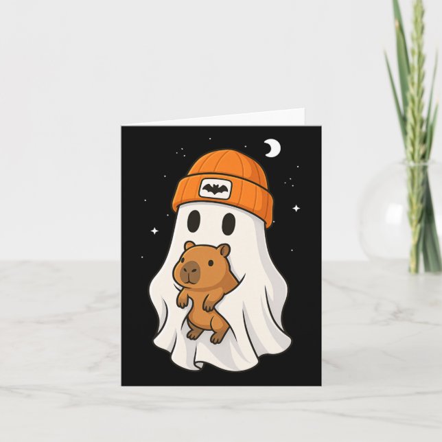 Ghost Capybara Halloween Animal Lover Beenie Hat B Card (Front)