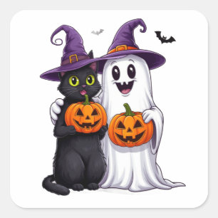 Ghost Cat And Pumpkin Halloween Scene 👻 Square Sticker