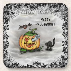 Ghost , Cat , Bat and Pumpkin , Happy Halloween! Coaster