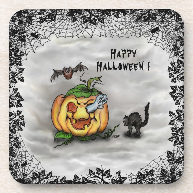 Ghost , Cat , Bat and Pumpkin , Happy Halloween! Coaster (Front)