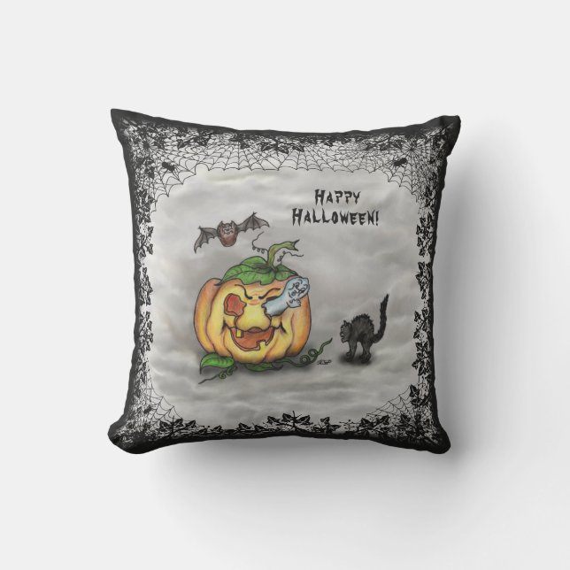 Ghost , Cat , Bat and Pumpkin , Happy Halloween! Cushion (Front)