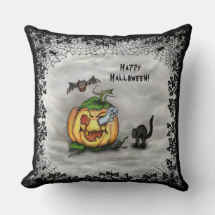 Ghost , Cat , Bat and Pumpkin , Happy Halloween! Cushion