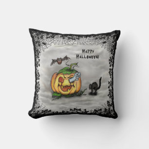 Ghost , Cat , Bat and Pumpkin , Happy Halloween! Cushion