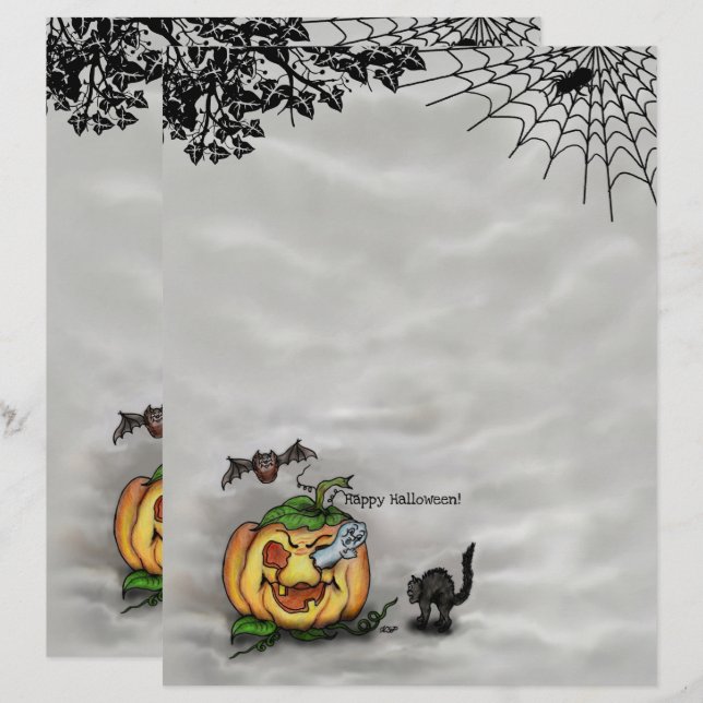 Ghost , Cat , Bat and Pumpkin , Happy Halloween! Custom Letterhead (Front/Back)
