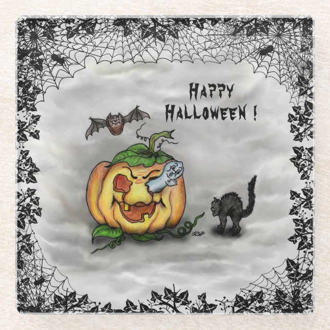 Ghost , Cat , Bat and Pumpkin , Happy Halloween! Glass Coaster (Front)