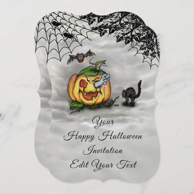 Ghost , Cat , Bat and Pumpkin , Happy Halloween! Invitation (Front/Back)