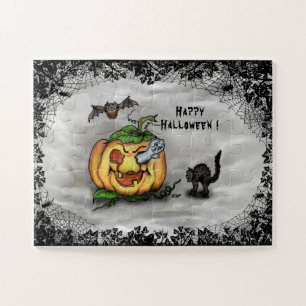 Ghost , Cat , Bat and Pumpkin , Happy Halloween! Jigsaw Puzzle