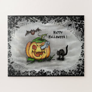 Ghost , Cat , Bat and Pumpkin , Happy Halloween! Jigsaw Puzzle
