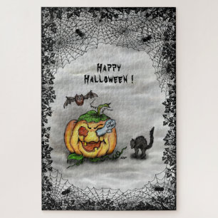 Ghost , Cat , Bat and Pumpkin , Happy Halloween! Jigsaw Puzzle