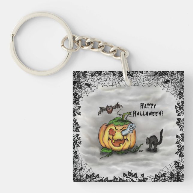 Ghost , Cat , Bat and Pumpkin , Happy Halloween! Key Ring (Front)