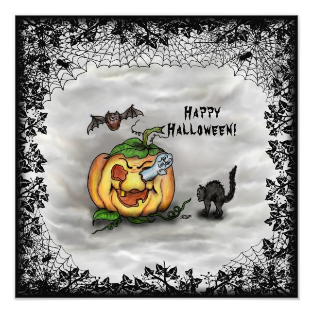 Ghost , Cat , Bat and Pumpkin , Happy Halloween! Photo Print (Front)