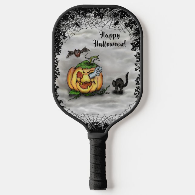 Ghost , Cat , Bat and Pumpkin , Happy Halloween! Pickleball Paddle (Front)
