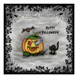 Ghost , Cat , Bat and Pumpkin , Happy Halloween! Poster