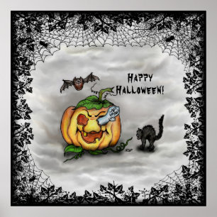 Ghost , Cat , Bat and Pumpkin , Happy Halloween! Poster