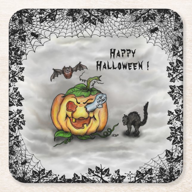 Ghost , Cat , Bat and Pumpkin , Happy Halloween! Square Paper Coaster (Front)