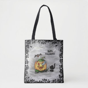 Ghost , Cat , Bat and Pumpkin , Happy Halloween! Tote Bag
