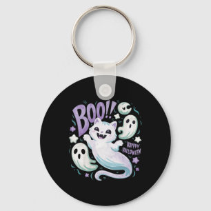 Ghost Cat Boo Kitty Halloween Key Ring