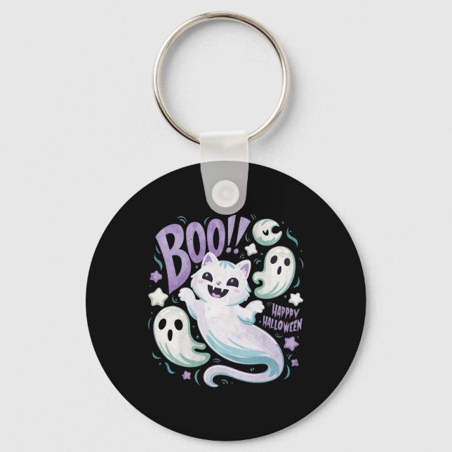 Ghost Cat Boo Kitty Halloween  Key Ring (Front)