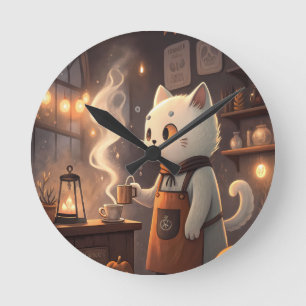 Ghost Cat Café Whimsical Halloween Art Round Clock