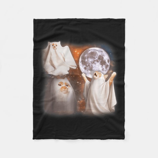 Ghost Cat Howling at Moon Weird Halloween Funny Fleece Blanket (Front)