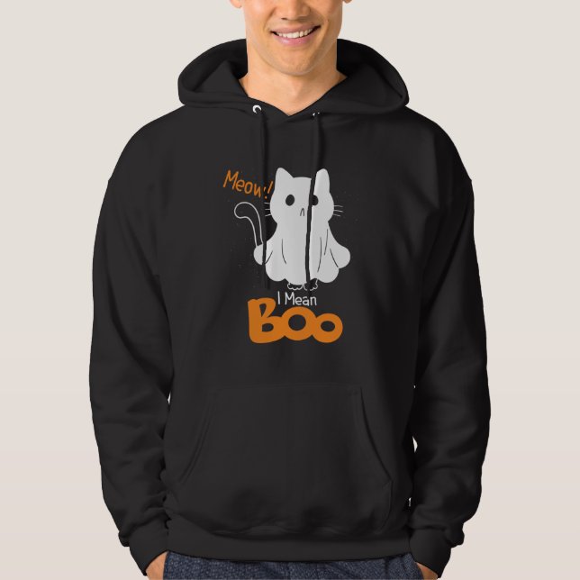 Ghost Cat Meow I Mean Boo Pumpkin Moon Halloween Hoodie (Front)