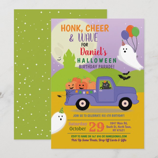 Ghost Cat Party Birthday Parade Drive By Truck Invitation (Front/Back)