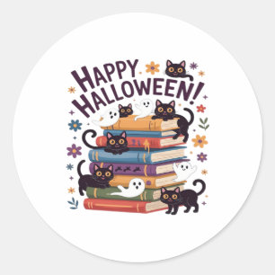 Ghost Cat Reading Books Lover Gifts Halloween Spoo Classic Round Sticker