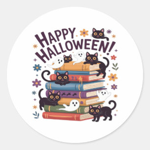 Ghost Cat Reading Books Lover Gifts Halloween Spoo Classic Round Sticker